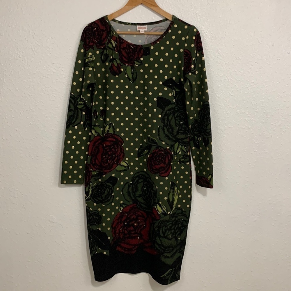 Lularoe Dark Green Rose Polkadot Print Metallic Debbie Dress Size L